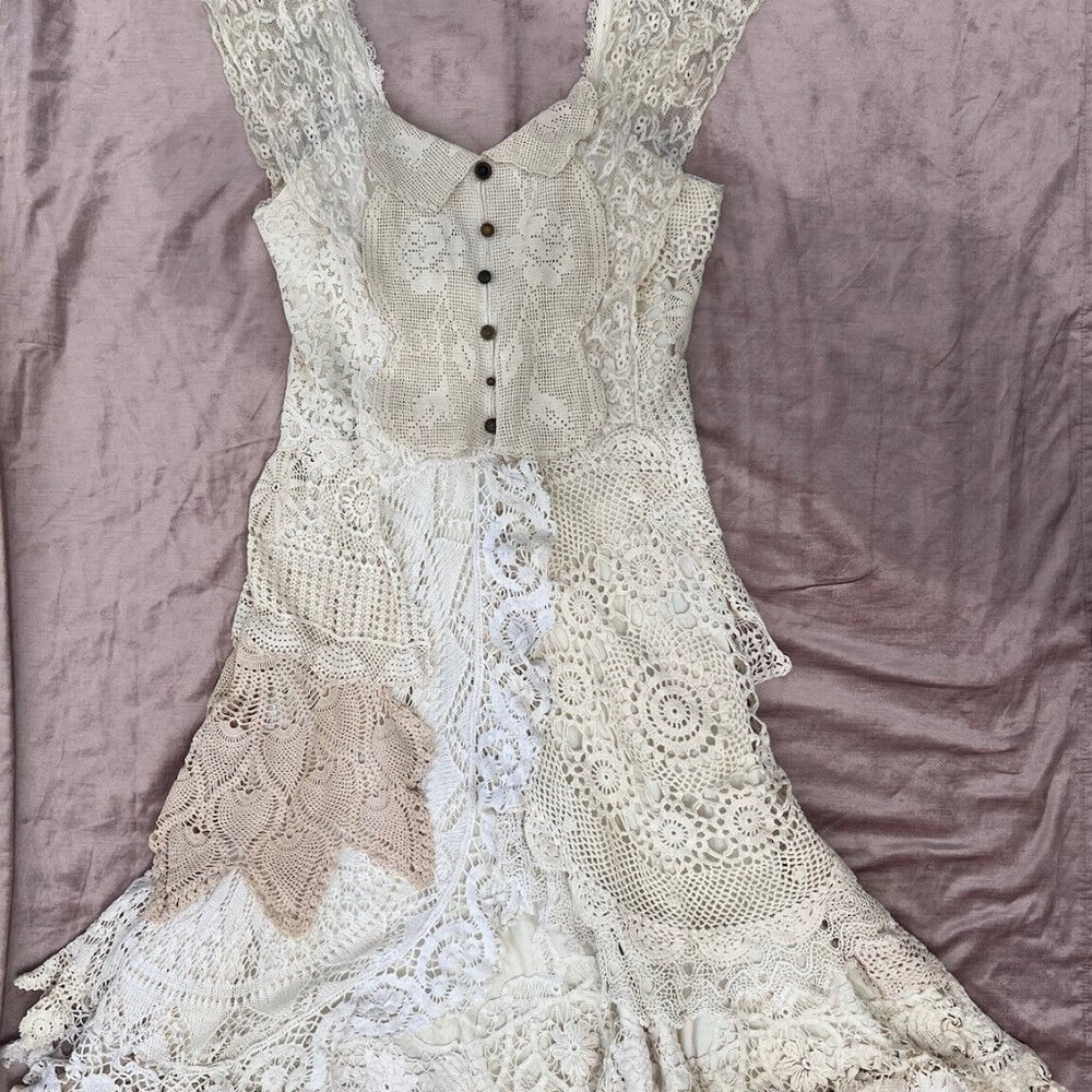 Vintage Cottagecore Boho Layered Crochet Lace Maxi Dress